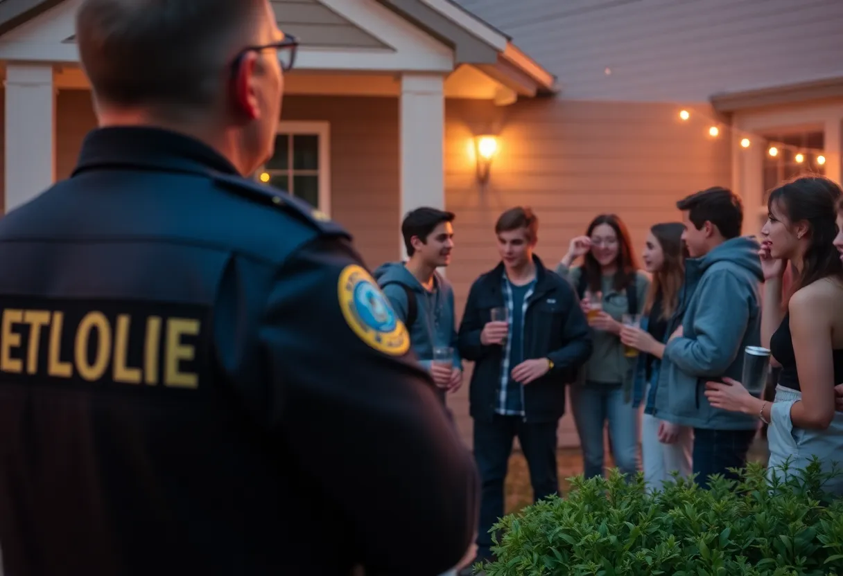 Police officers enforcing underage drinking laws at a party.