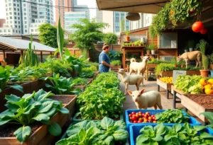 A colorful urban farm with diverse produce and livestock.