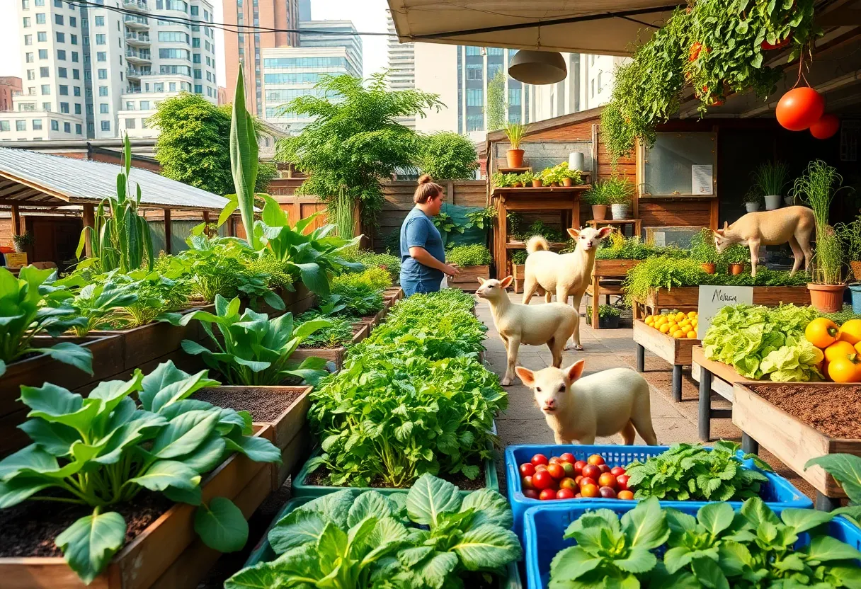 A colorful urban farm with diverse produce and livestock.