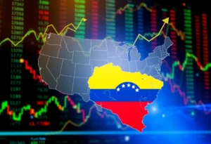 Graph showing rising U.S. energy stocks and a map of Venezuela's oil reserves.