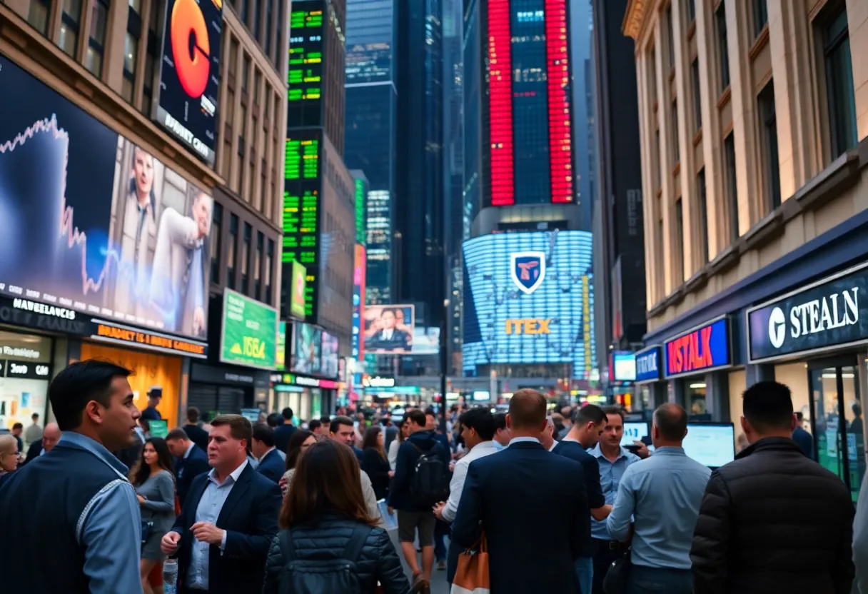 A busy financial district representing the strength of the U.S. stock market.