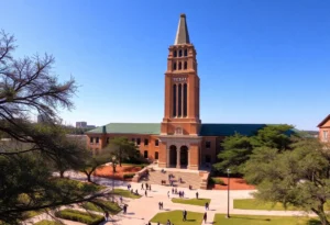 Aerial view of the University of Texas at Austin campus with students and the tower.