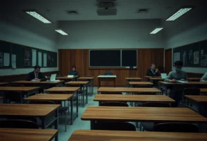 A classroom symbolizing the impact of the Uvalde shooting trial