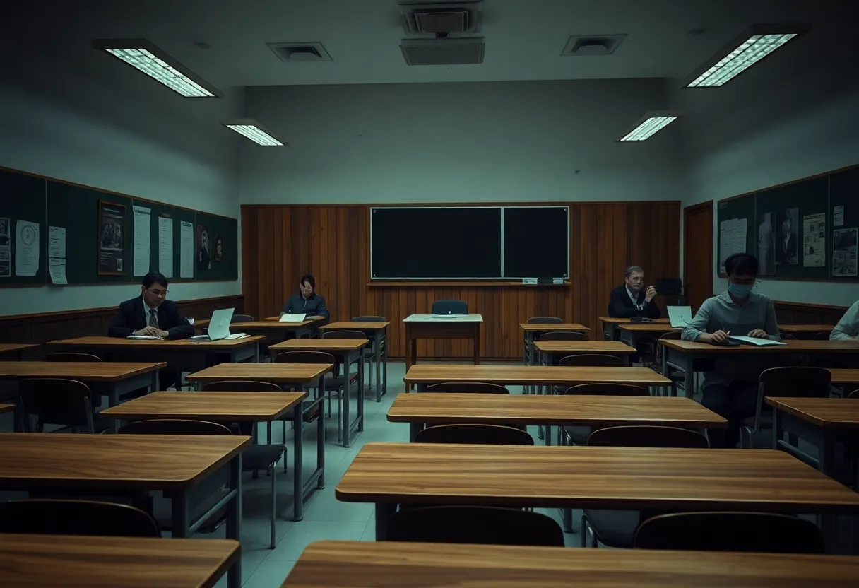 A classroom symbolizing the impact of the Uvalde shooting trial