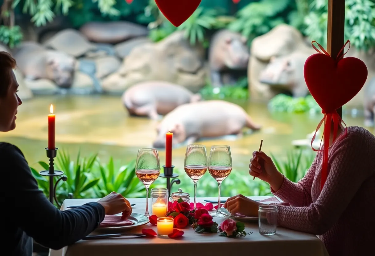 Romantic dining setting for Valentine's Day at San Antonio Zoo near hippo habitat.