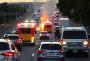 Emergency responders tackling a vehicle fire on Highway 90 with heavy traffic in the background.