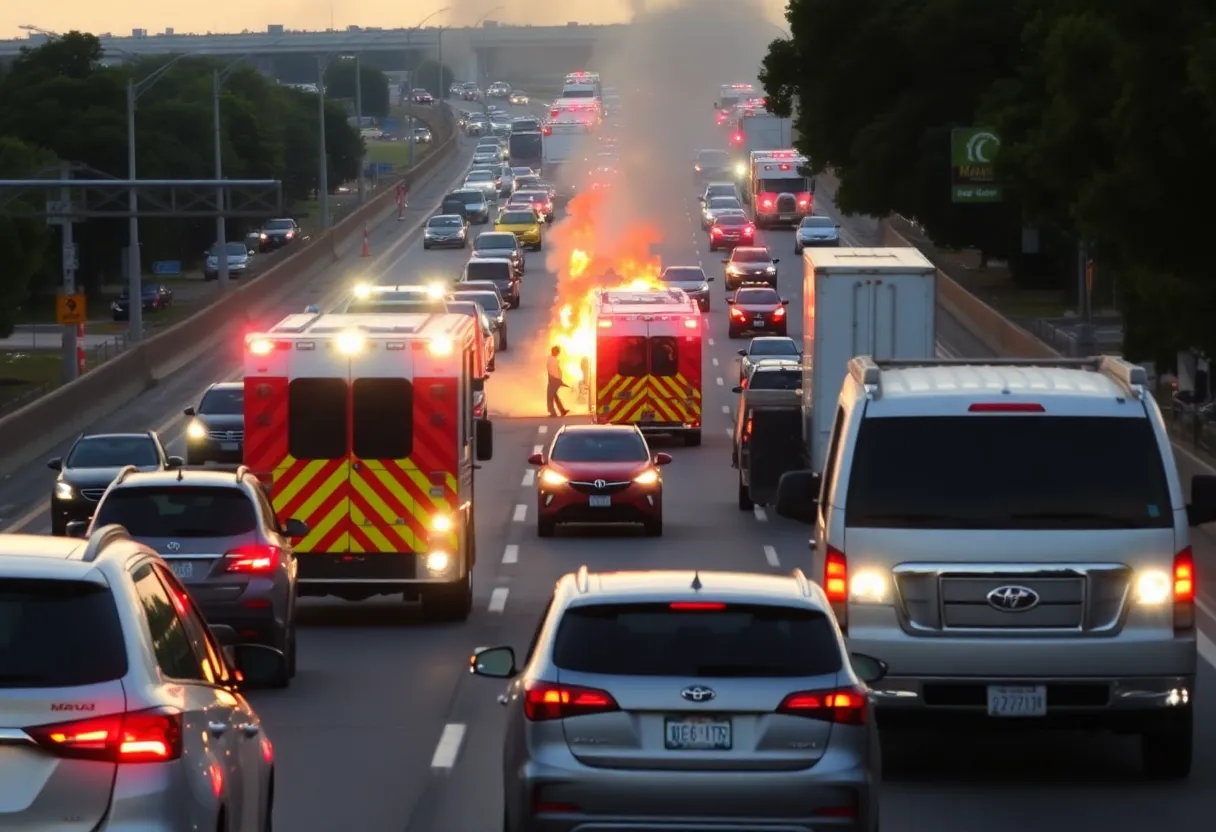 Emergency responders tackling a vehicle fire on Highway 90 with heavy traffic in the background.