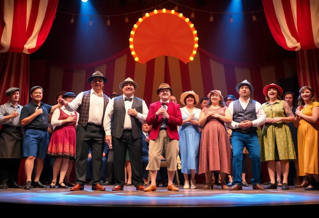 A scene from the Water for Elephants musical with vibrant costumes on stage.