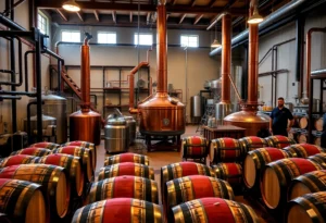 A whiskey distillery in Portland, Oregon with barrels and production tools