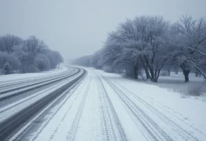 Snow-covered Texas landscape during Winter Storm Fern