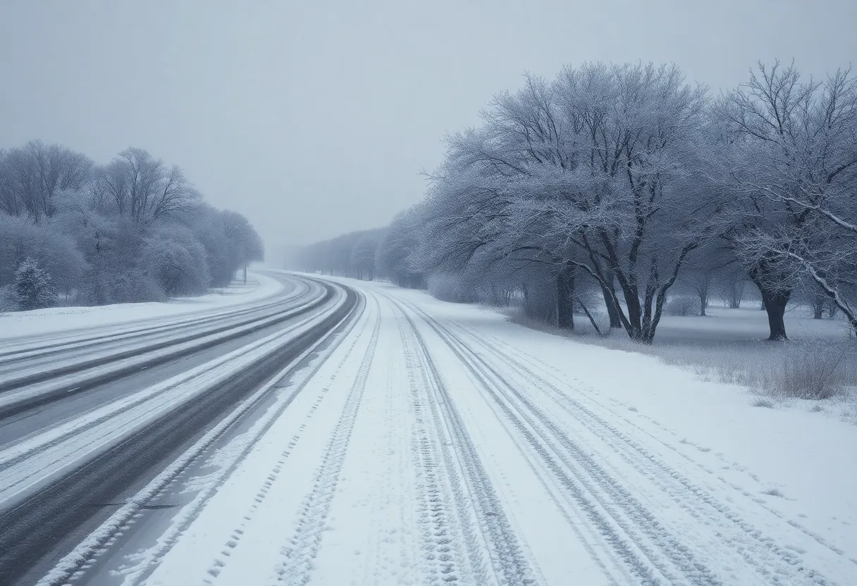 Snow-covered Texas landscape during Winter Storm Fern