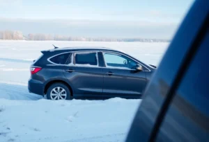 Car parked in winter with snow and frost, illustrating winter vehicle preparation.