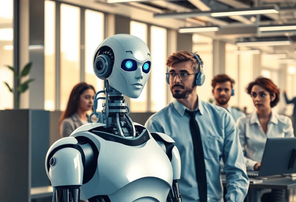 A modern office with robots and concerned workers due to AI integration