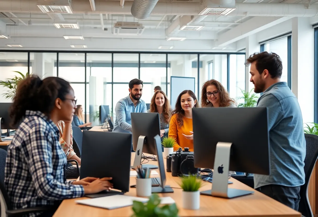 Employees collaborating in a modern office space for AT&T's bilingual job expansion.