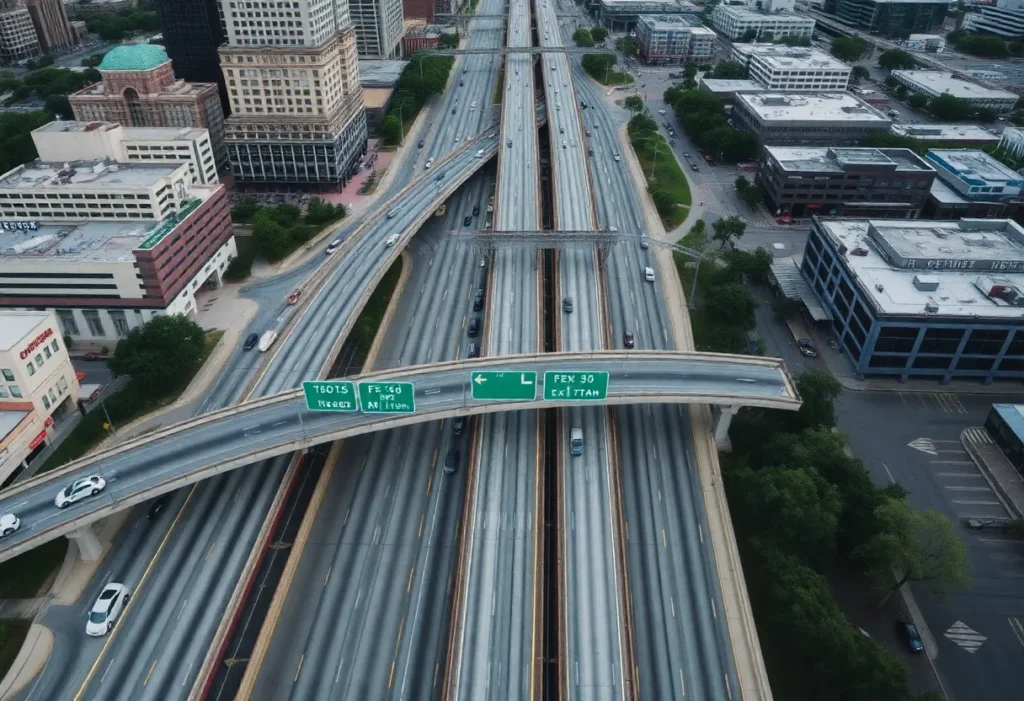 Aerial view of I-35 construction in downtown Austin, showing closed exits.