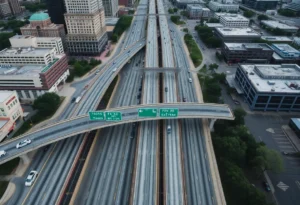 Aerial view of I-35 construction in downtown Austin, showing closed exits.