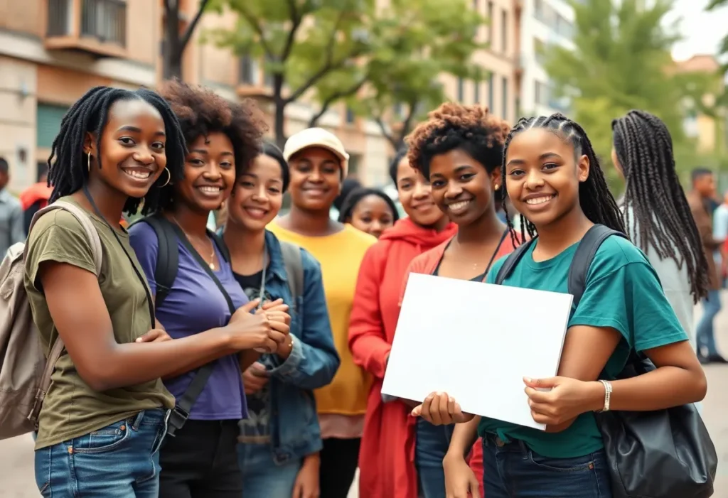 Diverse group engaging in community activities for youth empowerment.