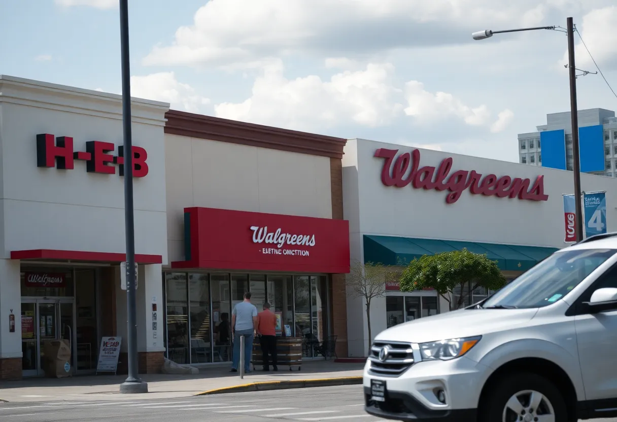 Police investigation scene in Austin, Texas with H-E-B and Walgreens Stores.