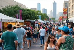 A lively Austin festival scene with people enjoying music and food.