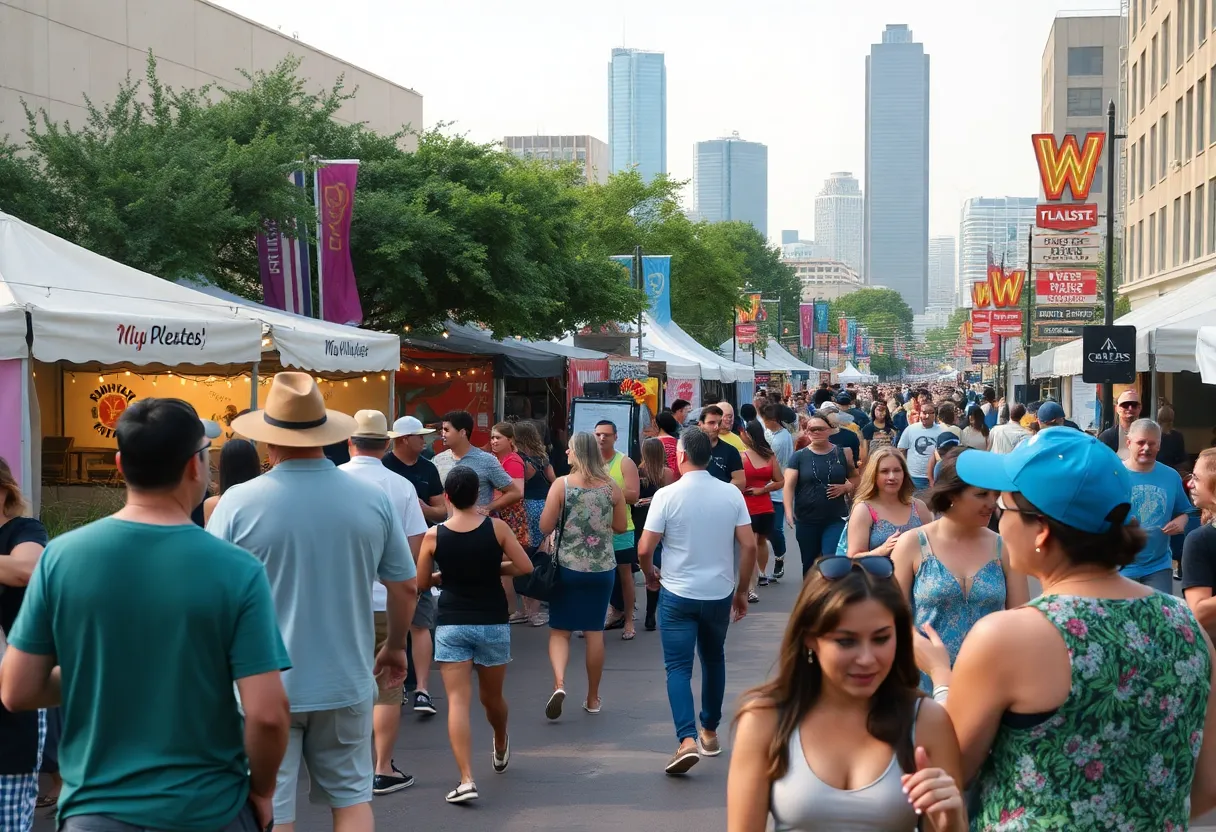 A lively Austin festival scene with people enjoying music and food.