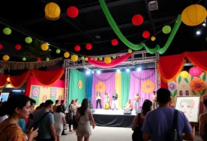 Attendees at the Bad Bunny themed pop-up event in San Antonio enjoying the cultural experience.