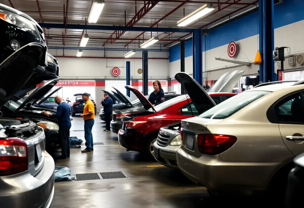 Mechanics working in an auto repair shop in Austin after a winter storm