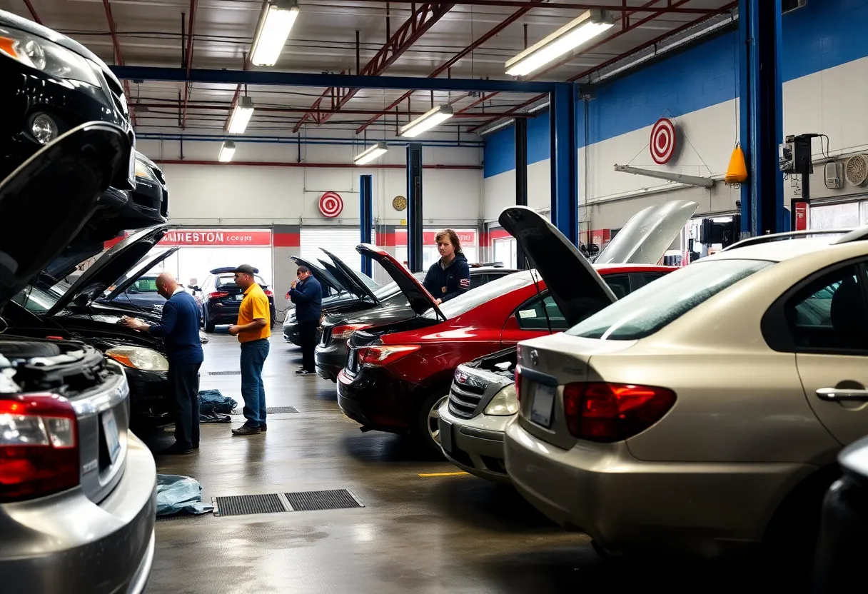 Mechanics working in an auto repair shop in Austin after a winter storm