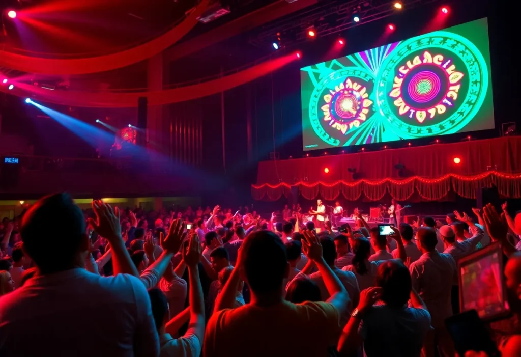 Concert scene featuring lively music and colorful light displays.