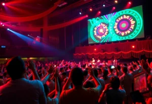 Concert scene featuring lively music and colorful light displays.