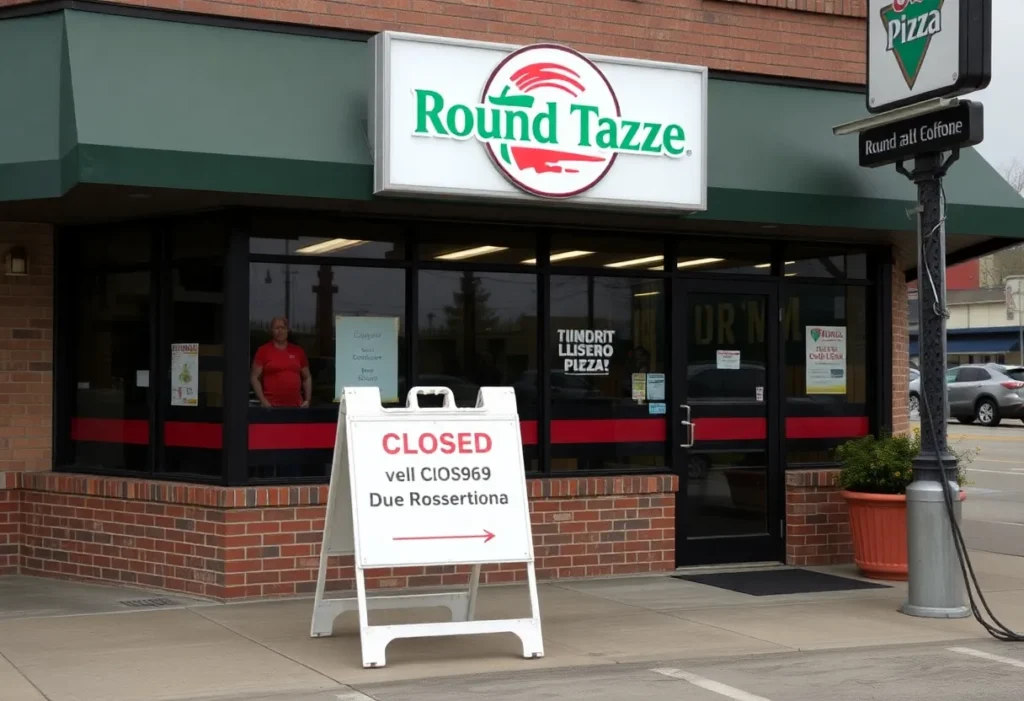 Exterior view of a closed Round Table Pizza restaurant in San Antonio with a closure sign.
