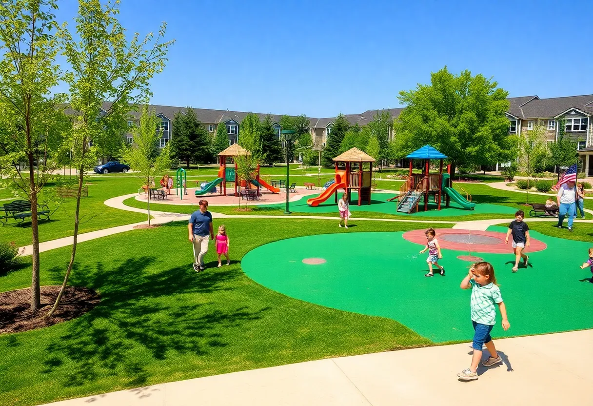 Families enjoying upgraded community park amenities including trails and playgrounds.