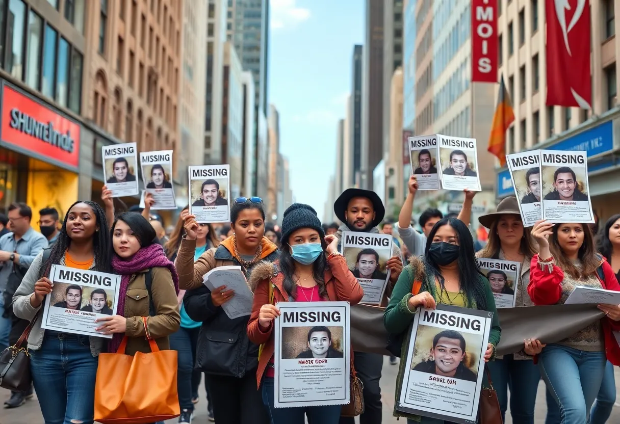 Community members uniting to search for missing individuals in an urban setting.