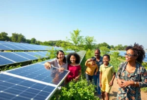 A community solar farm with multiple solar panels and families enjoying the area.