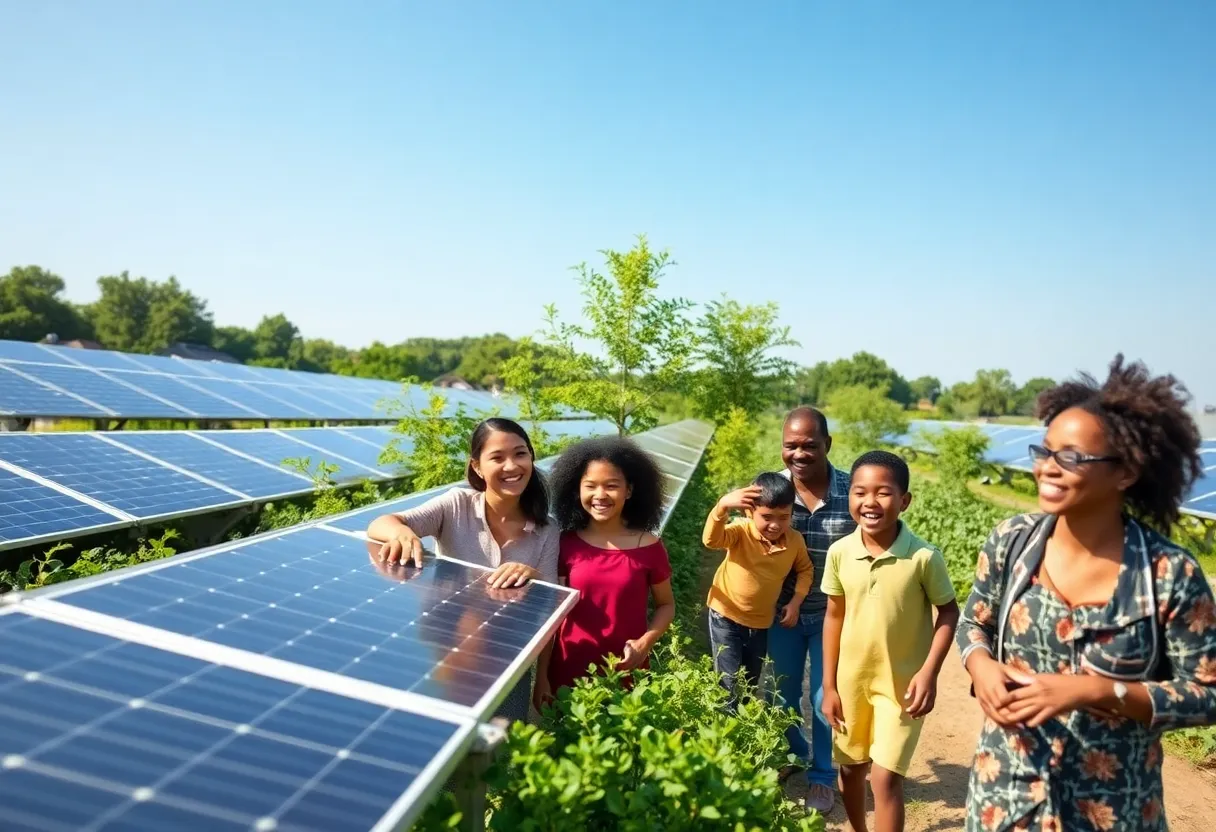 A community solar farm with multiple solar panels and families enjoying the area.