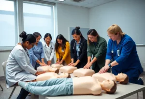 Healthcare professionals practicing CPR techniques during training session.