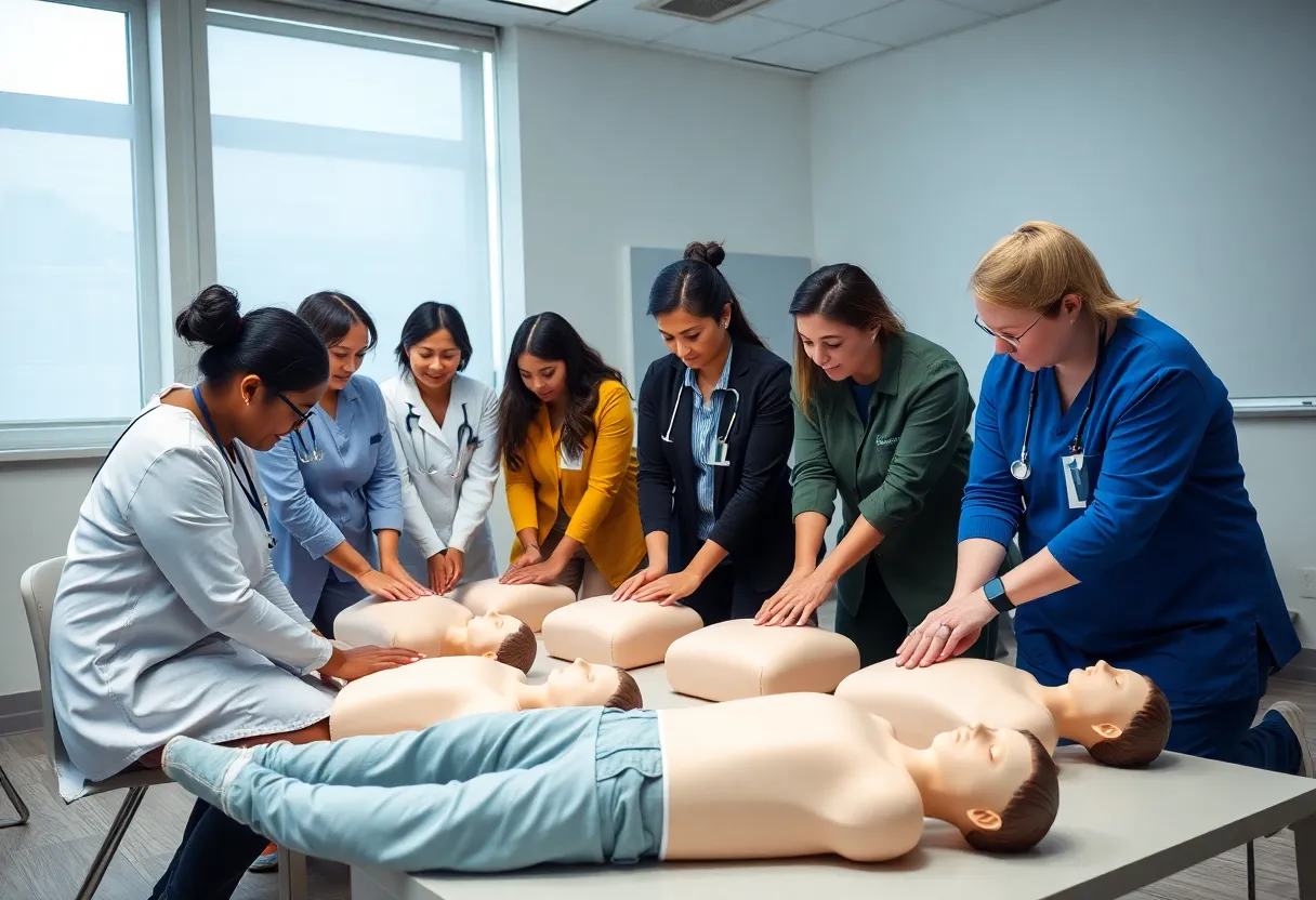 Healthcare professionals practicing CPR techniques during training session.