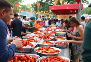 Community celebrating crawfish season with food and music