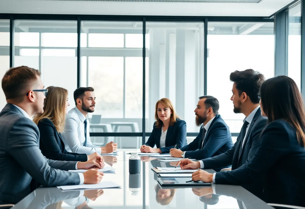 Business professionals in a boardroom discussing strategic leadership changes.