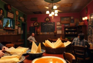 Interior view of Delia's Tamales restaurant with traditional decor