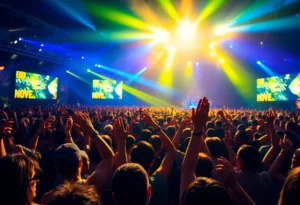 Concert crowd enjoying live performance with bright stage lights.