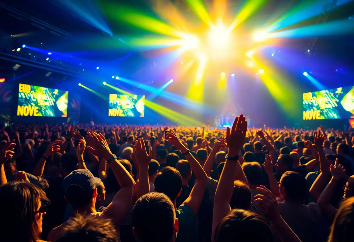 Concert crowd enjoying live performance with bright stage lights.