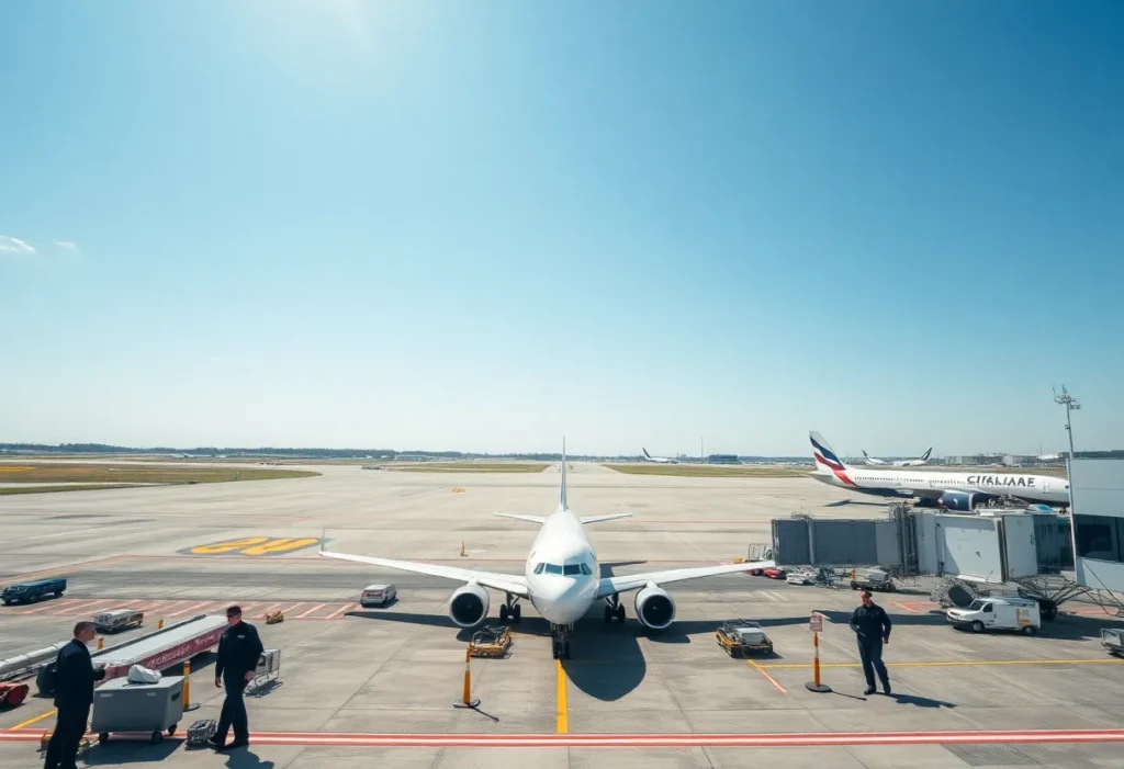 Bird's eye view of an airport with planes and security staff highlighting airspace security.