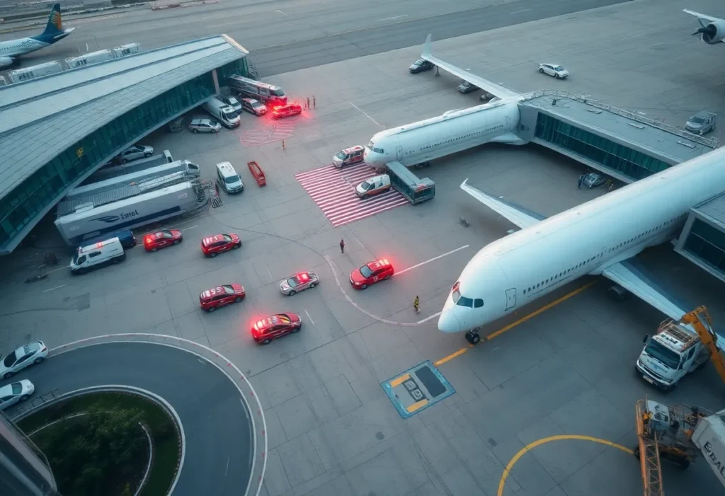Aerial view of El Paso International Airport with emergency response vehicles during airspace closure