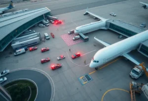 Aerial view of El Paso International Airport with emergency response vehicles during airspace closure