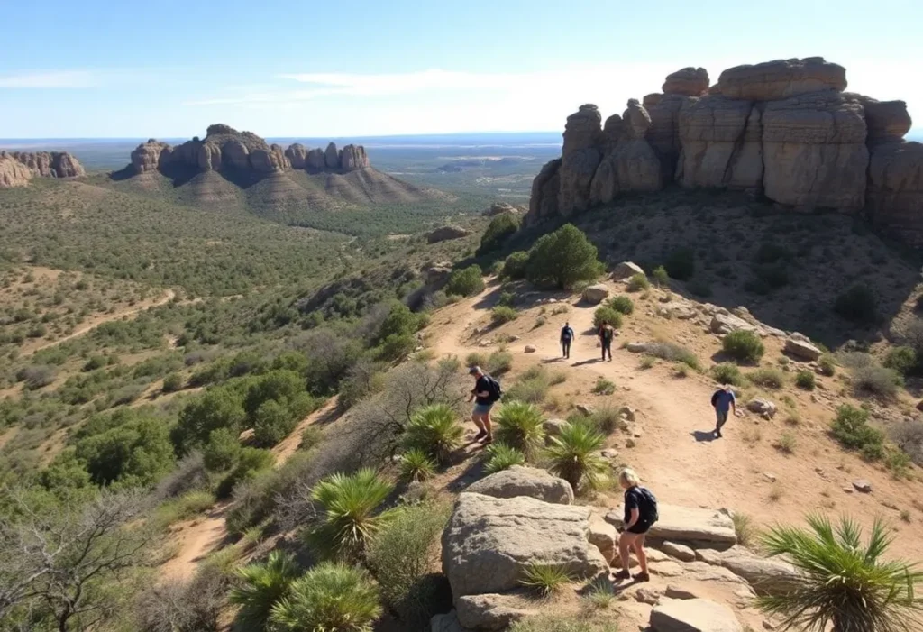Scenic view of Enchanted Rock State Natural Area with trails and nature lovers