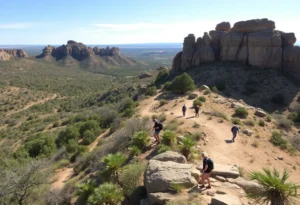 Scenic view of Enchanted Rock State Natural Area with trails and nature lovers