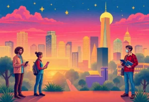 Illustration depicting the entrepreneurial spirit in Texas with a city skyline
