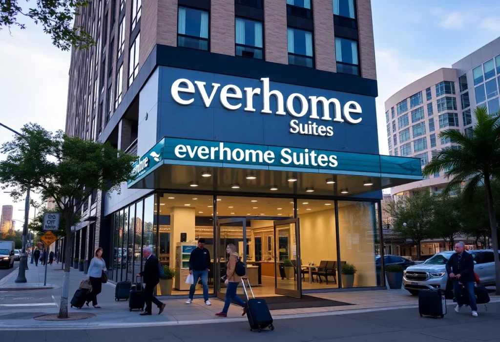 Modern Everhome Suites hotel in San Antonio with travelers arriving