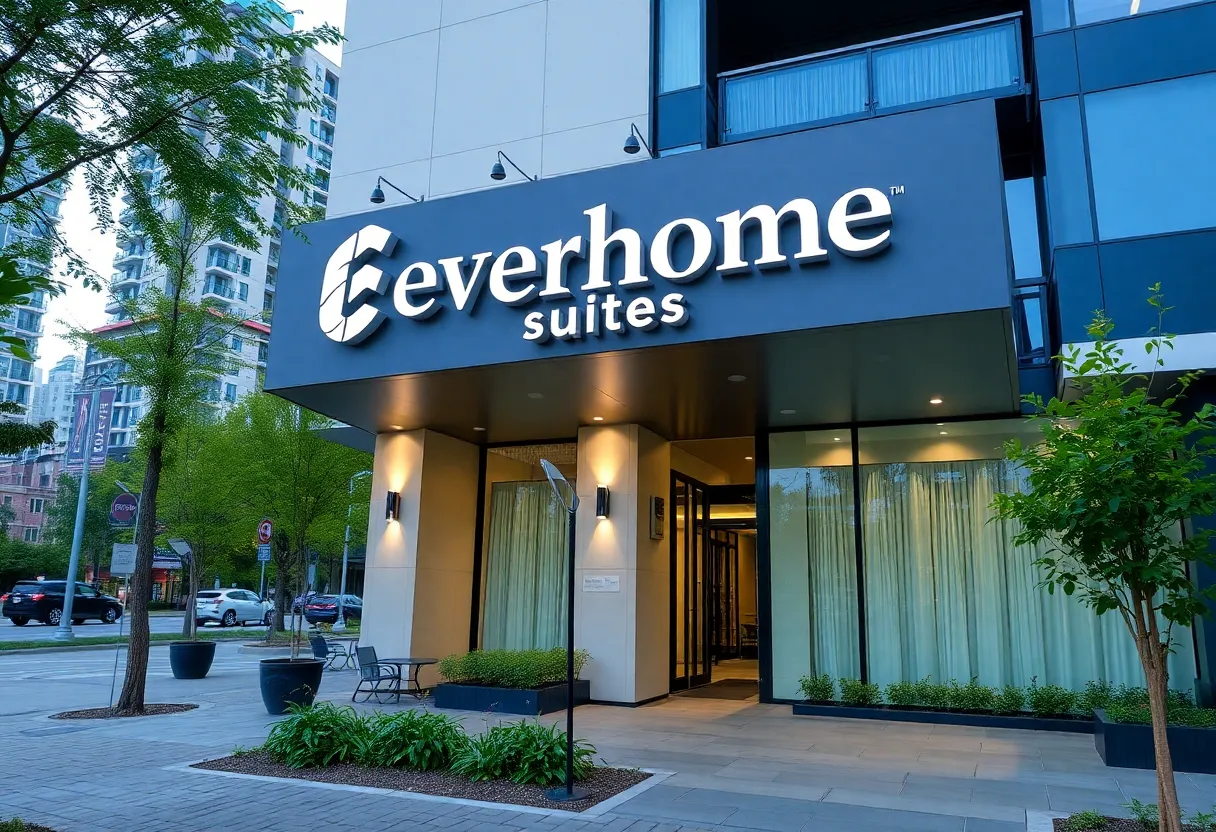 Exterior view of Everhome Suites hotel in San Antonio