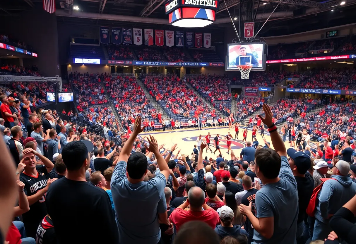 A crowd of passionate basketball fans supporting their teams at the NCAA Tournament.